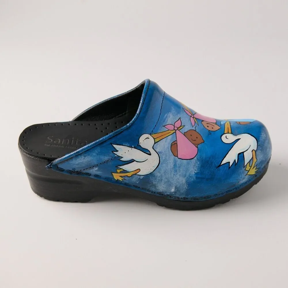 Sanita Hand Painted Stork Baby Clogs Sz 37 EU Nurse RN Midwife Shoes Denmark - Picture 10 of 15